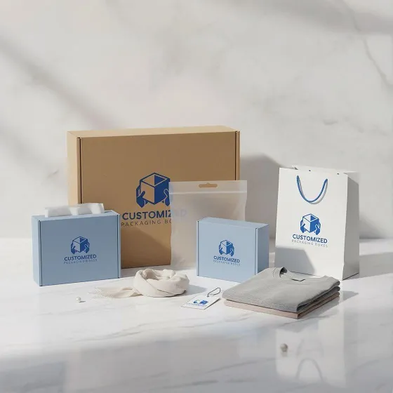 Custom apparel packaging set including kraft box- blue rigid boxes- frosted zipper pouch- white paper bag with blue rope handles- clothing items- and hang tag- all branded with -Customized Packaging Boxes- logo-