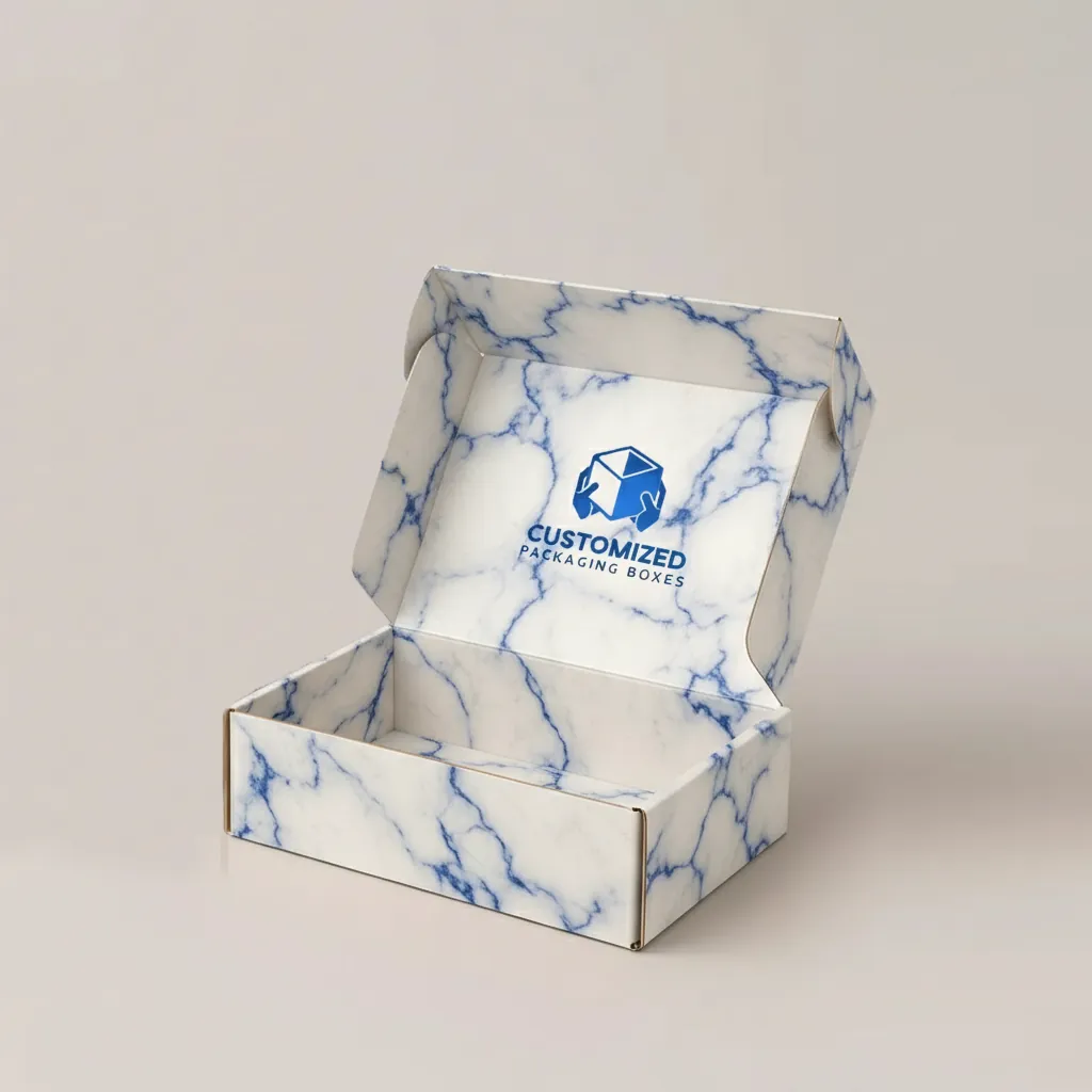 A swimwear box with an ocean-themed design has assorted text and colors, suggesting packaging for beach or swim apparel.