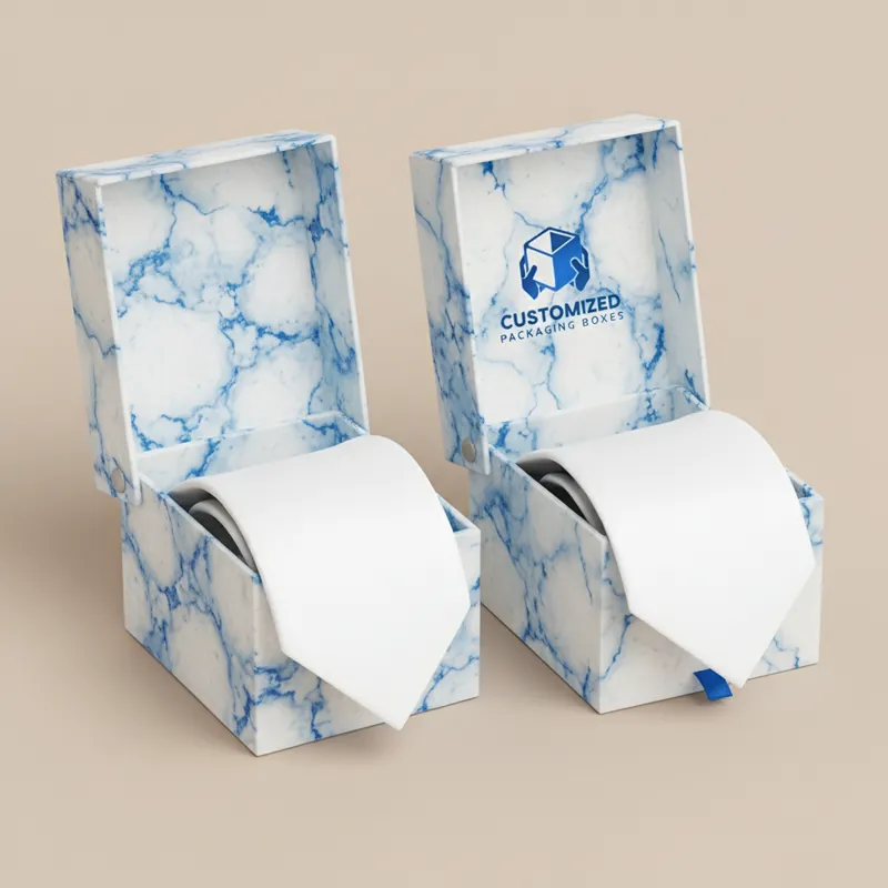 A tie box in packaging style 4 is shown, featuring a sleek design that protects and presents a tie, ideal for retail display.
