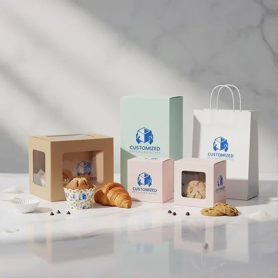 Custom bakery packaging set with window boxes- paper bag- and tall pastel box- branded with -Customized Packaging Boxes- logo- displayed alongside cookies- croissants- and cupcakes-