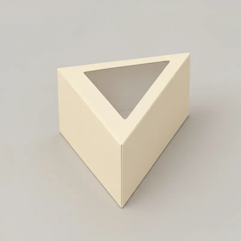 A cheesecake is packaged in a glossy white box with a clear window displaying the dessert inside.