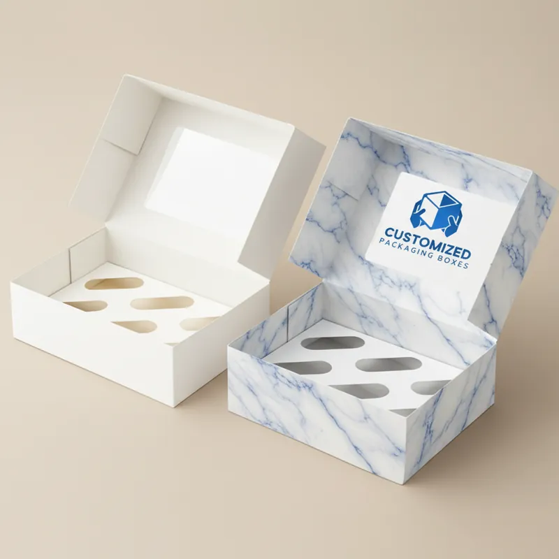 A cupcake box with a white exterior, clear window, and individual cupcake inserts, showcasing its design and functionality.