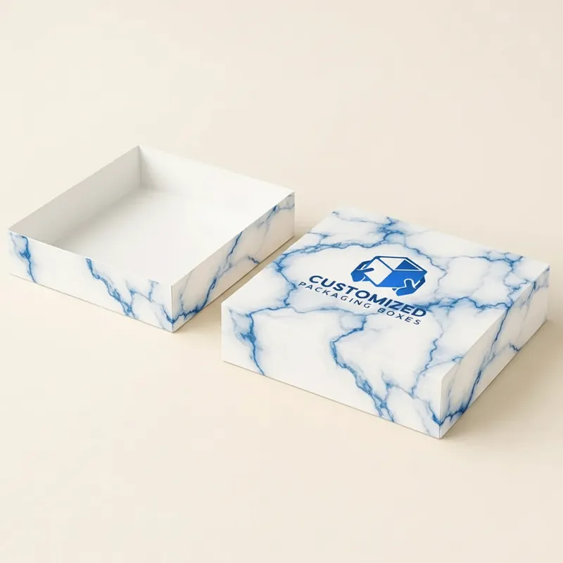 A frosted donut box featuring a simple modern design with pink accents.
