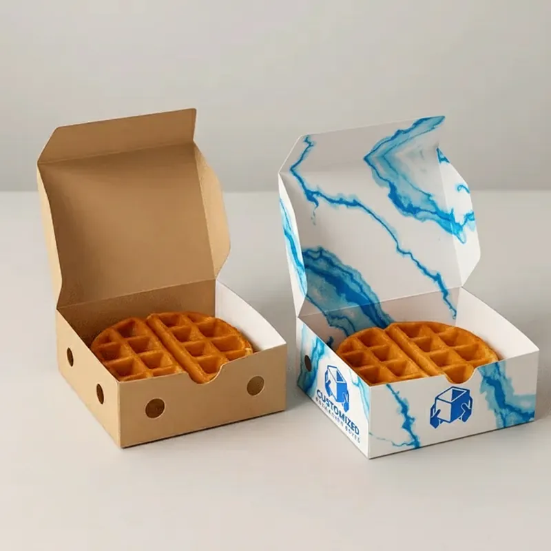 A waffle box features a modern, minimalist design, with a focus on clear branding and visual appeal.
