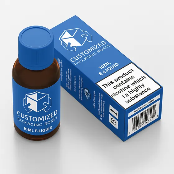Custom 10ml e-liquid packaging box and bottle in blue with nicotine warning label by Customized Packaging Boxes-