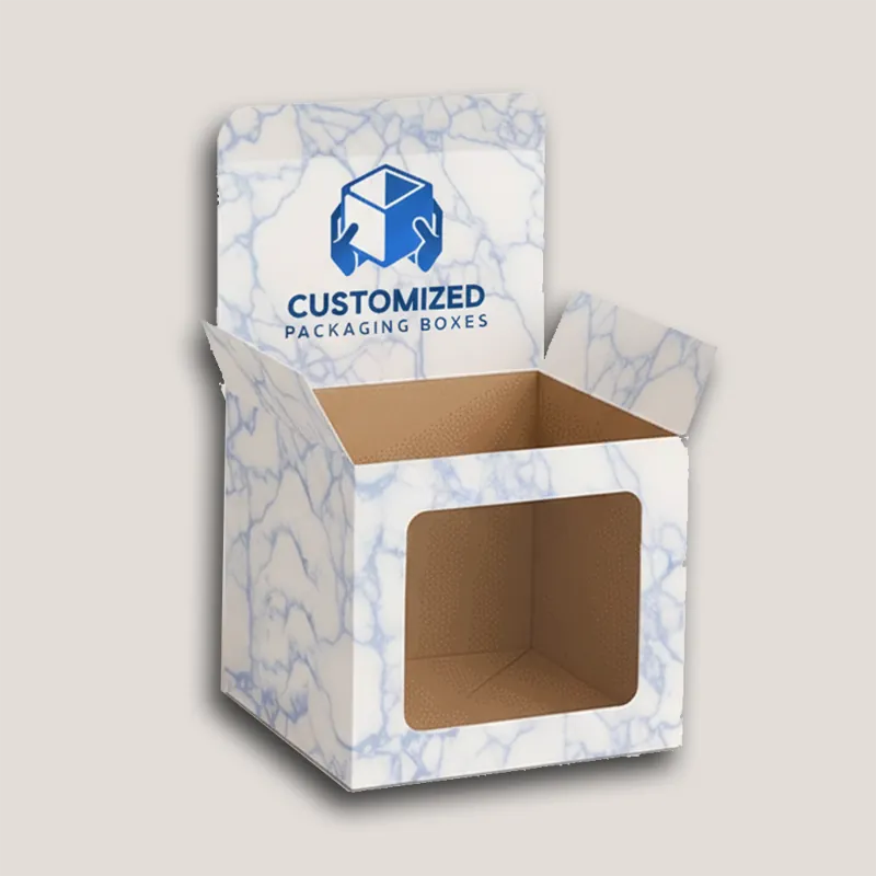 A brown cardboard shipping box for a candle, shown open with the flaps up, featuring cushioning inserts to protect the product.
