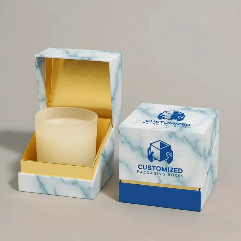 A close-up studio shot of a set of sleek, square jar candle boxes, suggesting a sophisticated packaging design.