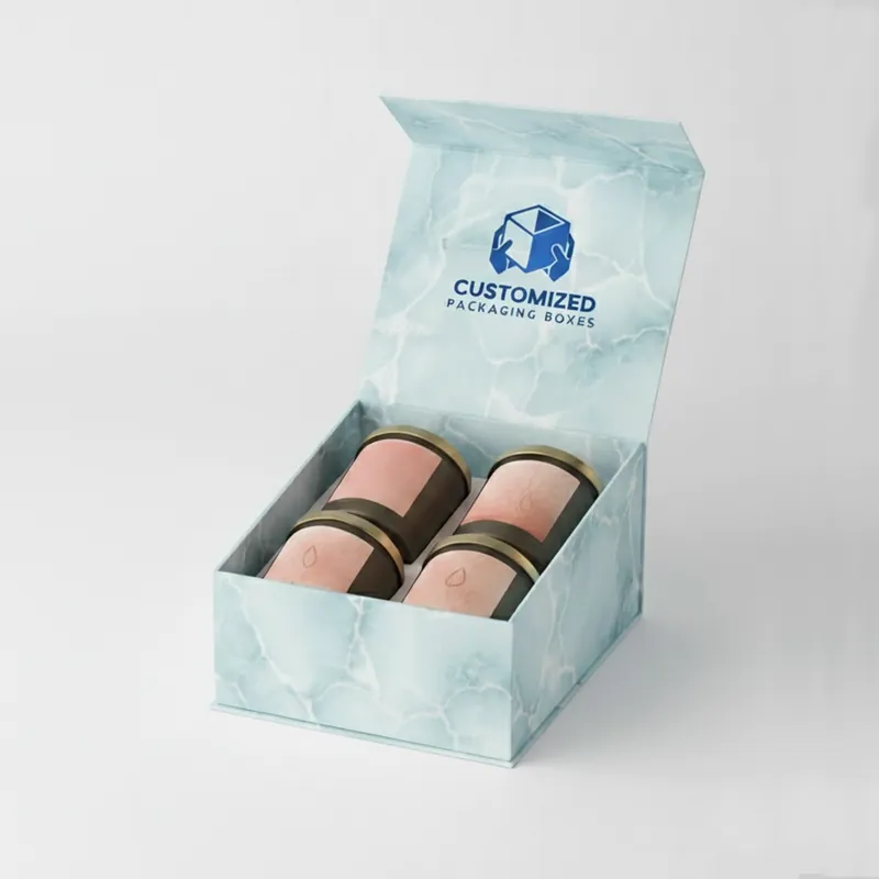 A luxury candle box features a stylish design with possible branding, suggesting a high-end product.
