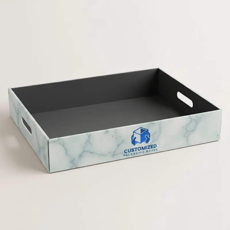 A cardboard tray, likely for produce, with a simple rectangular shape and light brown color.
