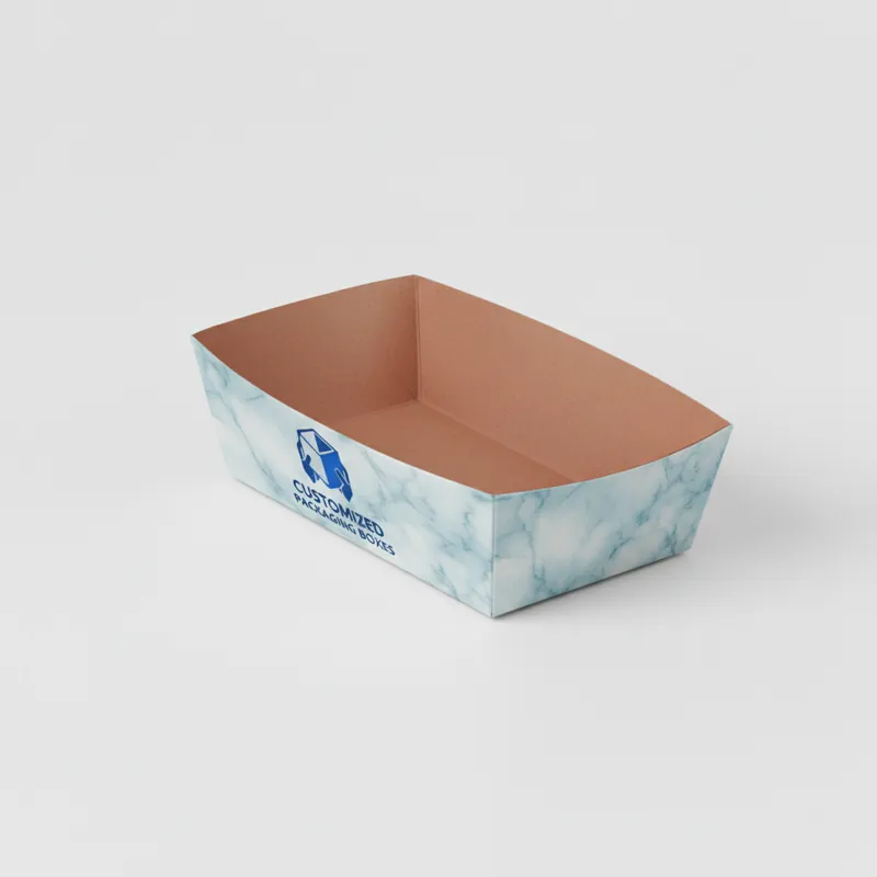 A brown cardboard tray style box used for produce, with angled sides and a rectangular base.
