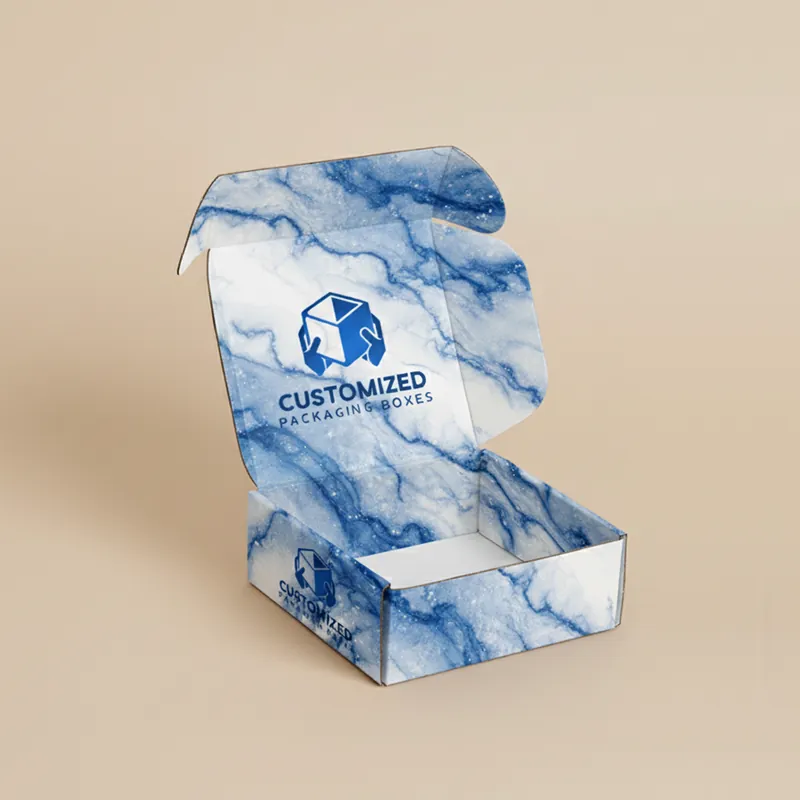 A die-cut mailer box with a tuck top and flaps, commonly used for product packaging and shipping.