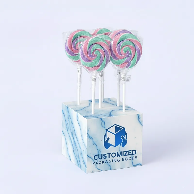 A CBD lollipop box with a minimalist design, showcasing a clean aesthetic and product branding.
