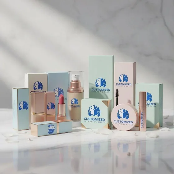 Custom cosmetic packaging boxes in pastel colors with -Customized Packaging Boxes- logo- displayed with makeup items including lipstick- mascara- foundation pump- and compact powder-