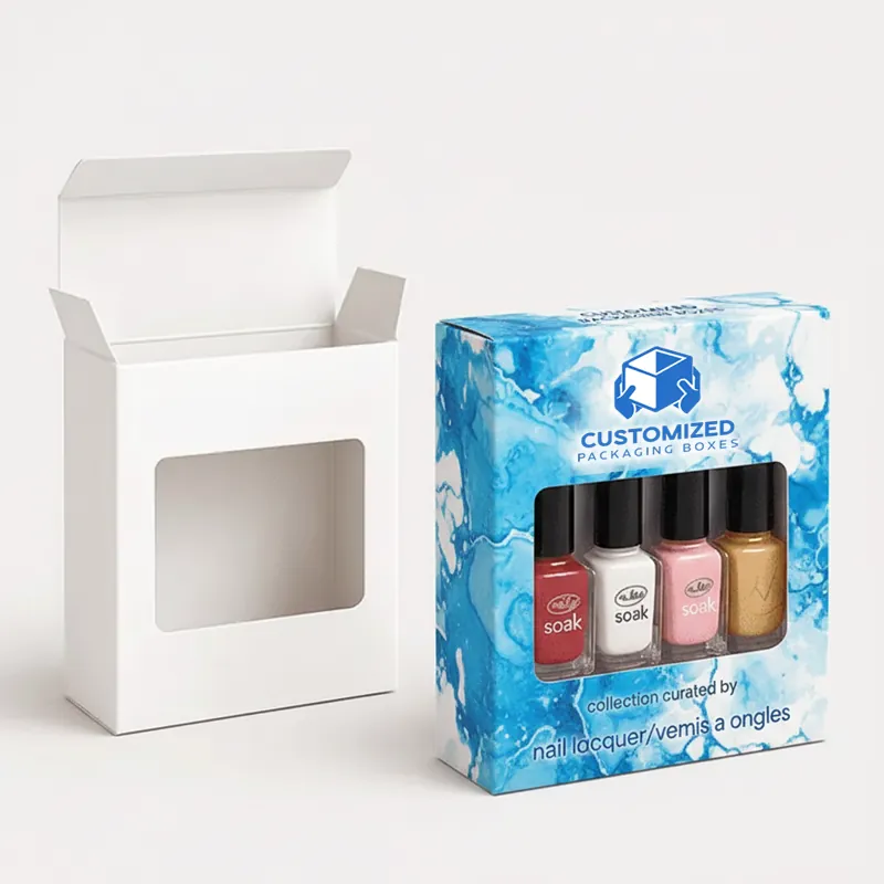 A glossy nail polish box with gradient color blocking, showcasing a modern and stylish design.
