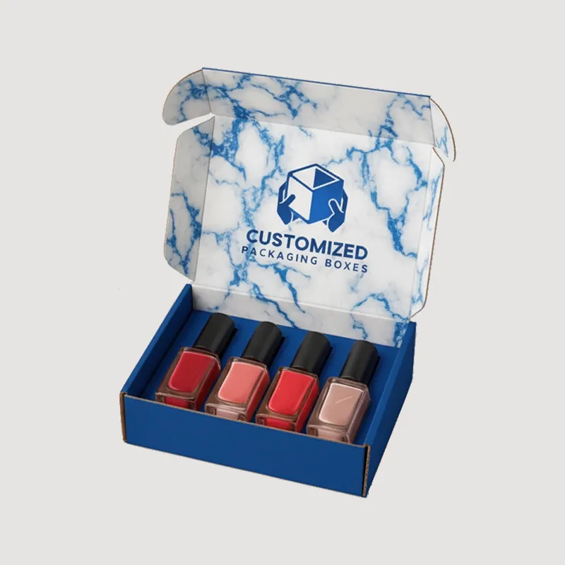 A nail polish packaging box with a glossy finish, featuring shades of pink, white, and black, and a simple, modern design.
