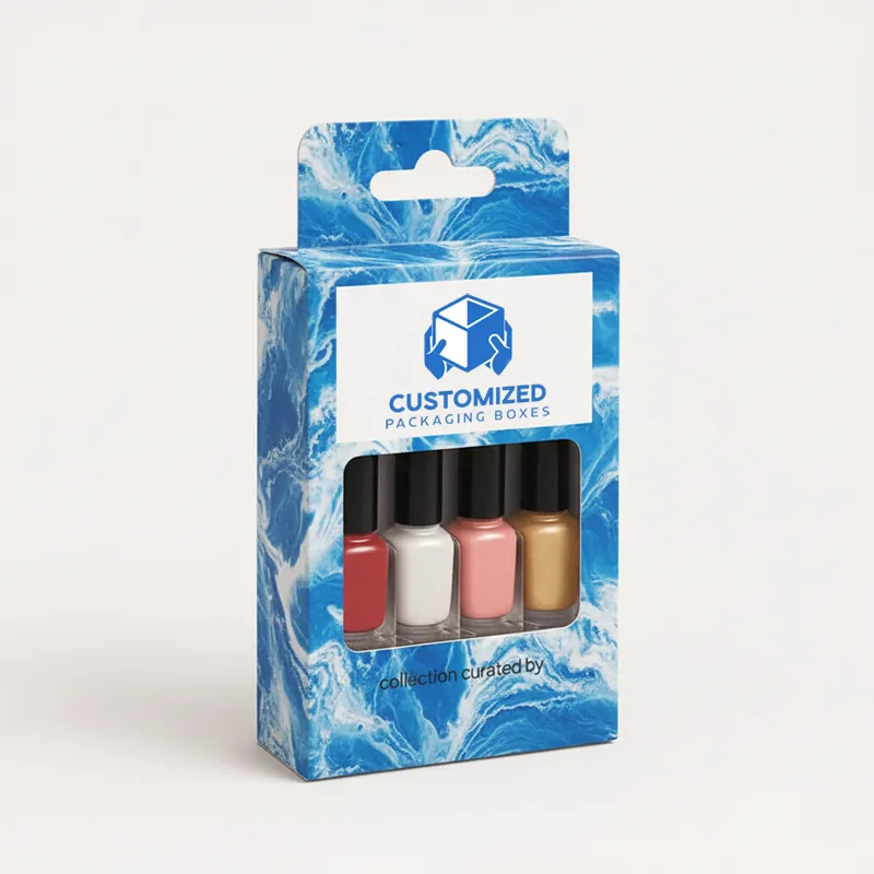 A nail polish box with a black and teal color scheme, displayed vertically.