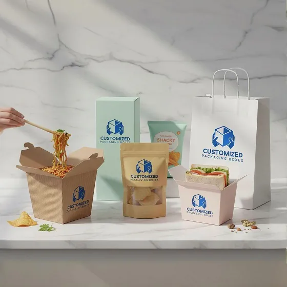 Custom food packaging boxes and bags with Customized Packaging Boxes logo- including noodle box- chip pouch- sandwich box- and paper shopping bag displayed on a marble table-