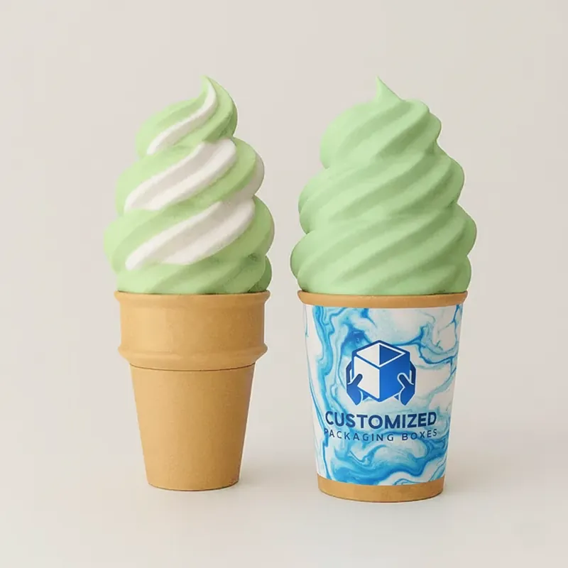 A cone sleeve in a packaging box style, likely for ice cream, with a simple repeating pattern and earthy tones.