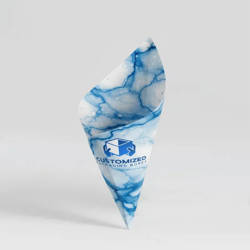 A paper cone chip container, likely for french fries, is showcased in a minimalist, angled presentation.
