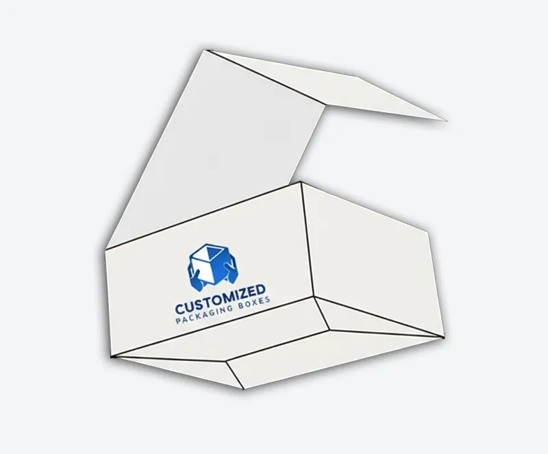 A die-cut corrugated auto-bottom box with a hinged display lid, showcasing its construction and closure style.
