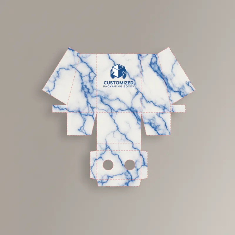 Display box template with internal punch partitions, for presenting products.