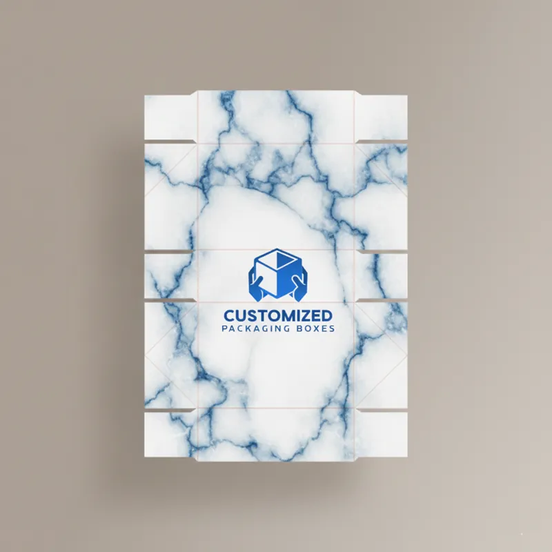 Flat, die-cut template of a regular six-corner packaging box, illustrating its shape, folds, and flaps.