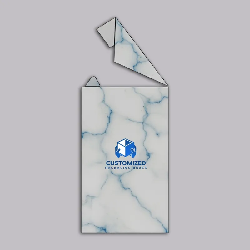 A tuck with bellow dust flap lock style packaging box is displayed on a white background.