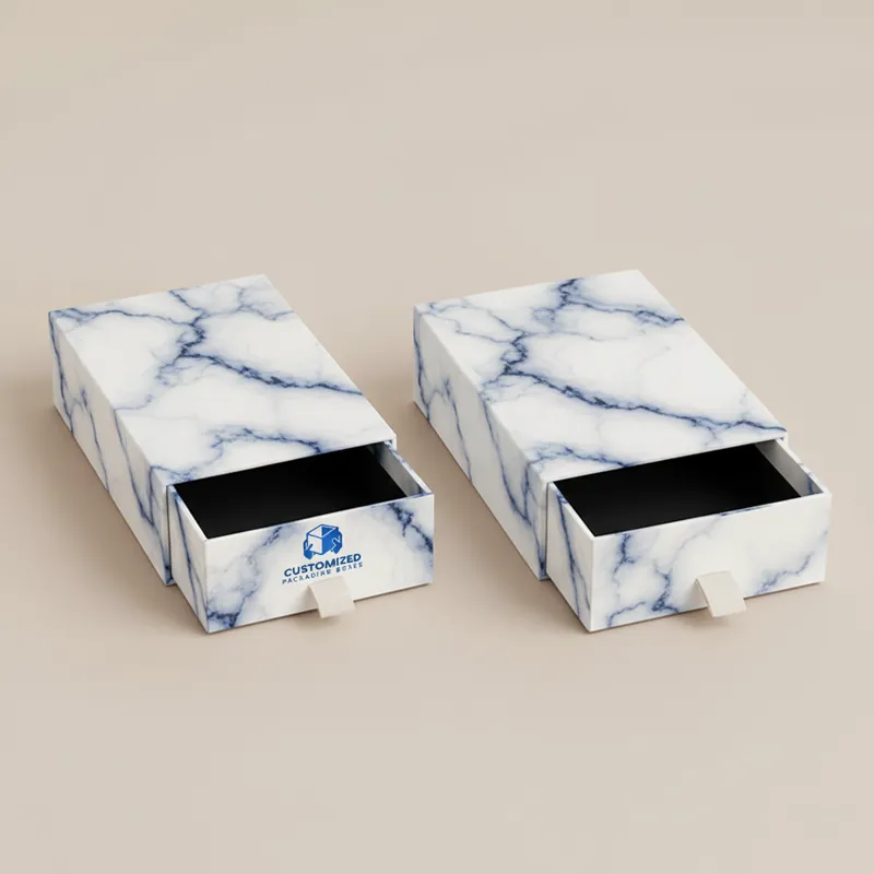 A closed, dark blue magnetic closure box with a smooth finish is displayed.