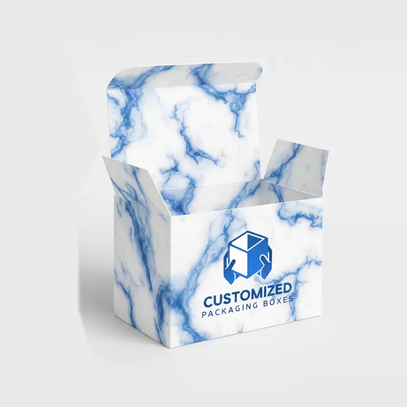 A blue and white surgical mask box with text and images of face masks.
